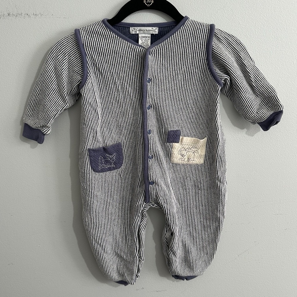 Vintage Puddles 'n' Bubbles 24 Months Blue Striped Jumpsuit Baby Kids Cotton